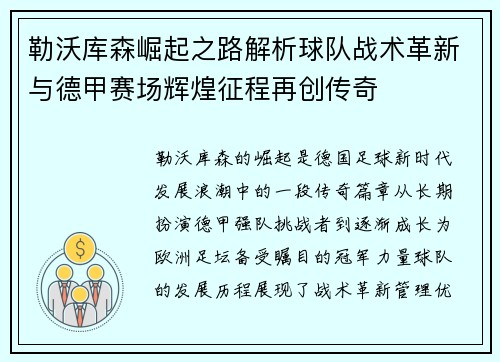 勒沃库森崛起之路解析球队战术革新与德甲赛场辉煌征程再创传奇 勒沃库森崛起之路解析球队战术革新与德甲赛场辉煌征程再创传奇